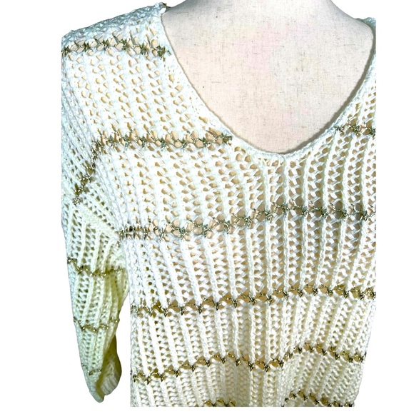 NWT Chico’s Off White 3/4 sleeve open weave sweater with metallic stripe//Size 1 - Picture 3 of 7